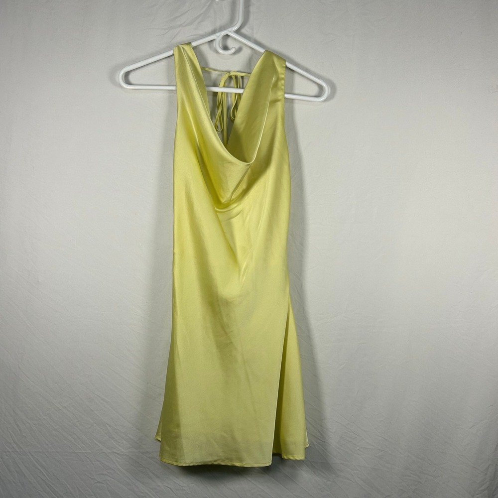 Peppermayo Mini Dress Women 6 Yellow Satin Cowl Neck Backless Tie Detail